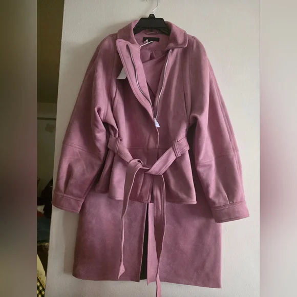 Zara Set Faux Suede Belted Jacket L+ Pencil Midi Skirt XL Lilac - Picture 2 of 12